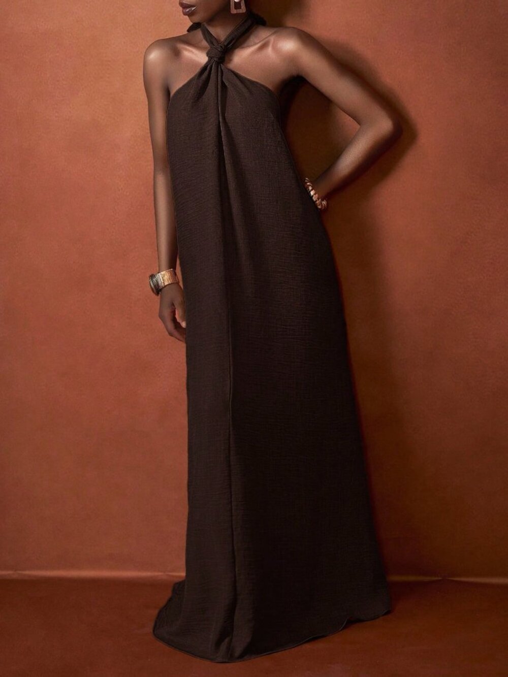 Brown Casual Women's Halter Neck Twist Open Back A-Line Maxi Dress - Picture 4 of 6